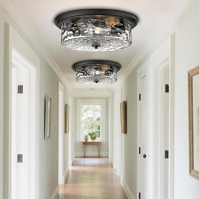 Industrial Flush Mount Ceiling Light, 16" 3-Light Modern Ceiling Light Fixture, Hammered Modern Kitchen Ceiling Light for Bedroom, Living Room, Kitchen Island (Black)