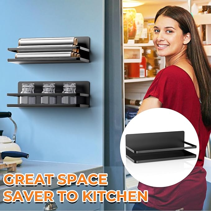 Grtard 2 Pack Magnetic Spice Rack for Refrigerator, Black Magnetic Shelves for Side of Refrigerator, Metal Magnetic Refrigerator Shelves, Magnetic Spice Racks for Jars, Home, Kitchen, Cabinet