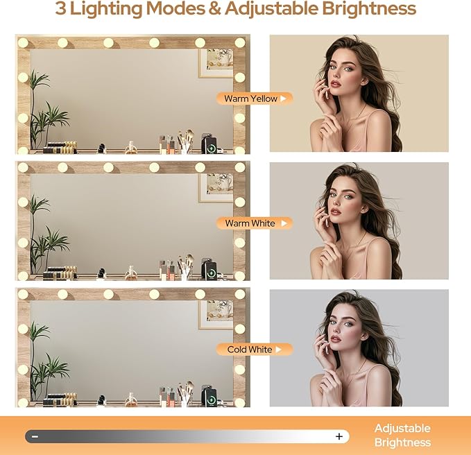 15 Drawers Fluted Vanity Desk with Glass Top, 47" Makeup Vanity with Large Mirror and 12 LED Lights, Dressing Table with Power Outlet for Bedroom, Natural