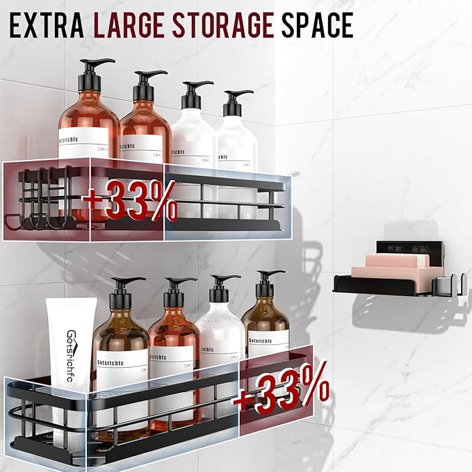 Large Capacity Shower Caddy, Heavy-Duty Adhesive Shower Organizers with Custom Aesthetic Design Soap, No Drilling Corner Shower Shelves, 5 Hooks for Bathroom Accessories, 3 Pack