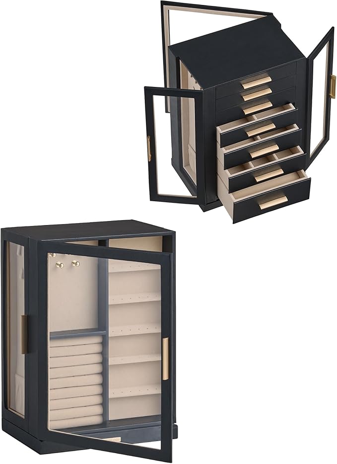 360° Rotating Jewelry Box with 7 Drawers, Spacious Vertical Jewelry Organizer with Glass Window, Jewelry Storage Case, Dustproof & Moisture-resistant Design, Black