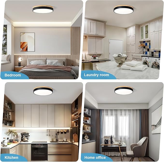 Dimmable Wood LED Ceiling Light, 5CCT 2700K-6000K Modern Black Flush Mount Ceiling Light, Minimalist Round Close to Ceiling Light Fixture for Living Room, Bedroom, Kitchen, 15.74in