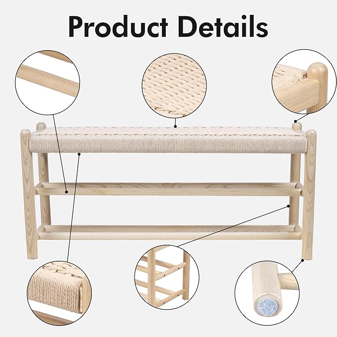 Solid Wood Entryway Bench with Shoe Storage, Rustic Oak Wood and Woven Design 39.4 Inch Long Seating for Living and Dining Rooms, 3-Tier Nature