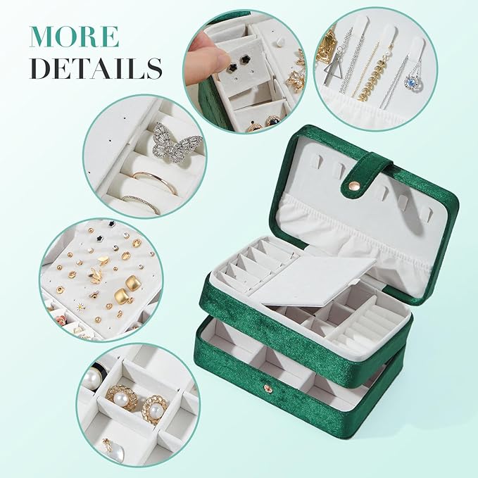 Velvet Small Jewelry Box for Women Girls, Double Layers Travel Portable Jewelry Case for Ring, Pendant, Earring, Necklace, Bracelet Organizer Storage Holder Boxes, Green