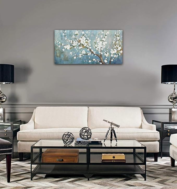 Elegant Flowers Canvas Wall Art - Plum Blossom Pictures for Wall Decor Rustic Turquoise Canvas Painting Nature Printing Artwork for Living Room Bedroom Home Office Wall Decoration 20" x 40"