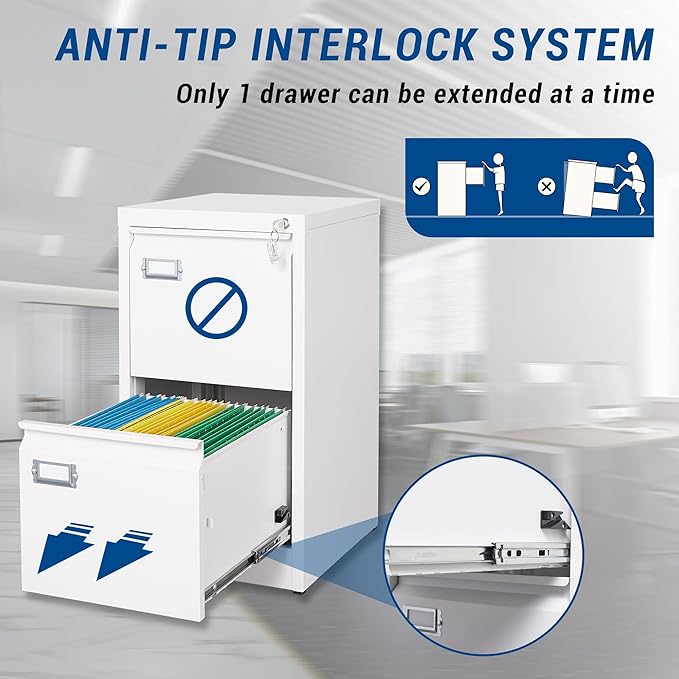 2 Drawers Vertical File Cabinets - 17.8" Deep Lockable Filing Cabinet - Metal Storage Cabinets for Home Office to Hanging Files Letter/Legal/F4/A4 Size