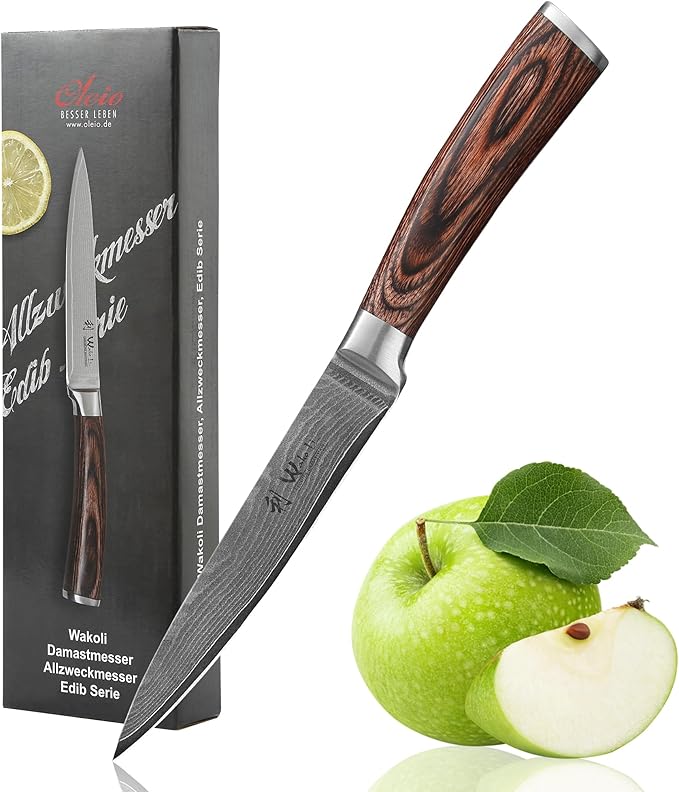 Wakoli EDIB Damascus Utility Knife 4.7-inch - 67-Layer VG10 Core Steel, Razor Sharp Blade with Pakkawood Handle for Kitchen & Everyday Use - Gift Box