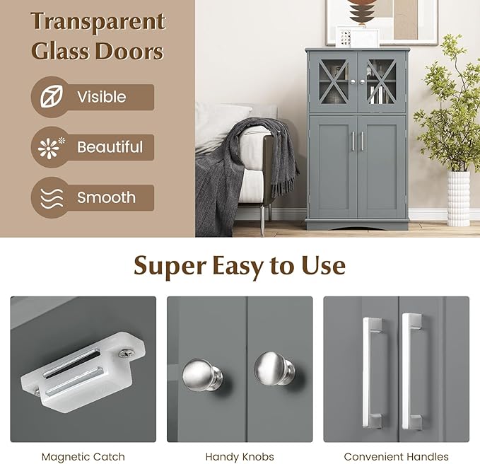 Tangkula Freestanding Floor Cabinet w/2 Glass Doors, 3-Level Adjustable Shelves, Anti-toppling Design, Kitchen Pantry Cupboard for Bathroom, Living Room (Grey)