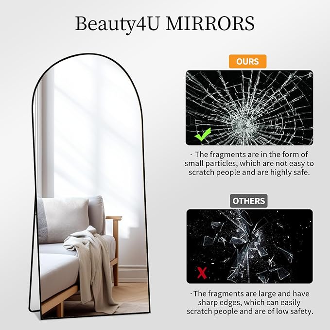 Beauty4U Arched Full Length Mirror - Standing or Leaning, Bedroom Dressing Mirror with Black Aluminum Alloy Frame, 65" x 24"