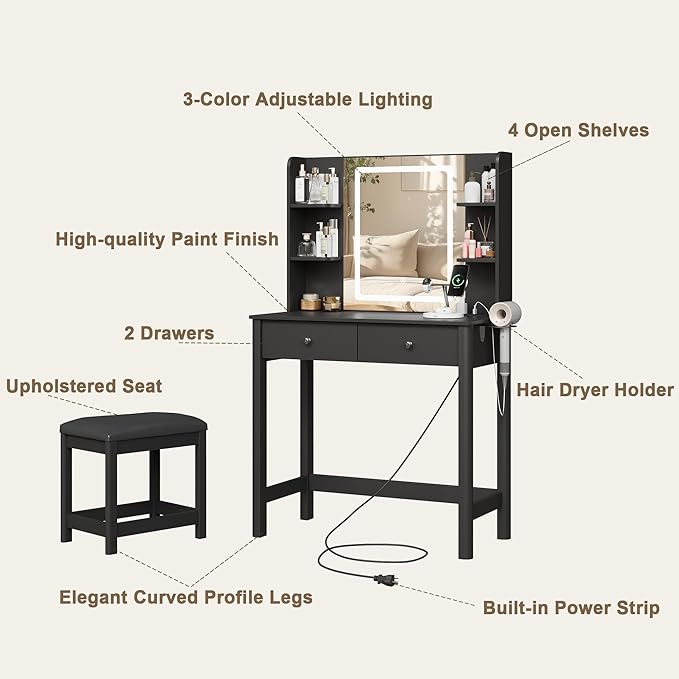 Vanity Desk with Mirror and LED Lights, Small Makeup Vanity Table Set with Drawers and Chair, Dressing Table with Power Outlet for Girls Bedroom, Black
