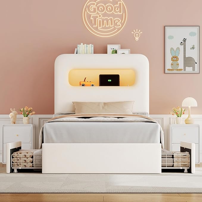 HOSTACK Twin LED Bed Frame with Storage Headboard and Charging Station, Kids Bed Frame with 2 Drawers and USB Ports, Velvet Upholstered Platform Bed Frame with Bookcase, No Box Spring Needed, Cream