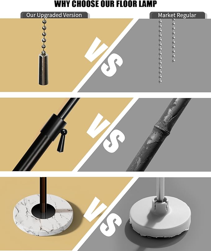 Floor Lamp for Living Room - Adjustable Height Standing Lamp with Marble Base & Linen Shade - Tall Pole Floor Light with 3 Color Temperatures Bulb for Bedroom, Reading - Easy Assembly