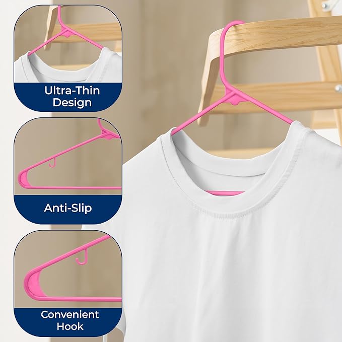 SereneLife 100-Pack Plastic Clothes Hangers – Slim, Non-Slip, Heavy Duty Shirt & Coat Hangers with 360° Swivel Hooks – Lightweight Space-Saving Design for Closet Organization – Pink