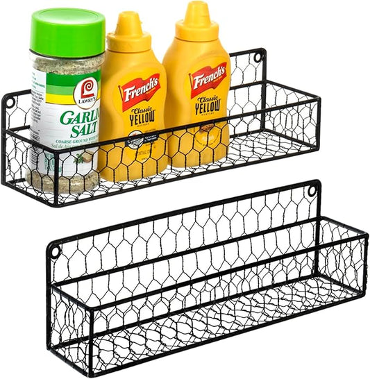 MyGift Wall Mountable Spice Rack Shelf Organizer, 12-Inch Black Chicken Wire Hanging Kitchen Seasoning Condiment Storage Display Rack, Set of 2