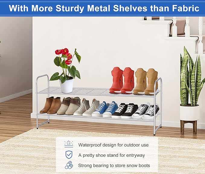 KEETDY 2-Tier Long Shoe Rack for Closet Shoe Organizer for Entryway, Metal Stackable Shoe Storage Shelf for 18 Pairs Sneakers with Strong Wire Grid, Gray