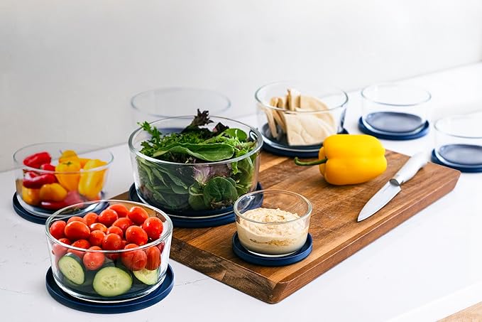 16-Piece Glass Food Storage Containers Set (8 Containers + 8 Lids) | Round, Nesting, Microwave & Dishwasher Safe | BPA-Free, Space-Saving | Blue Lids for Pantry & Kitchen Organization
