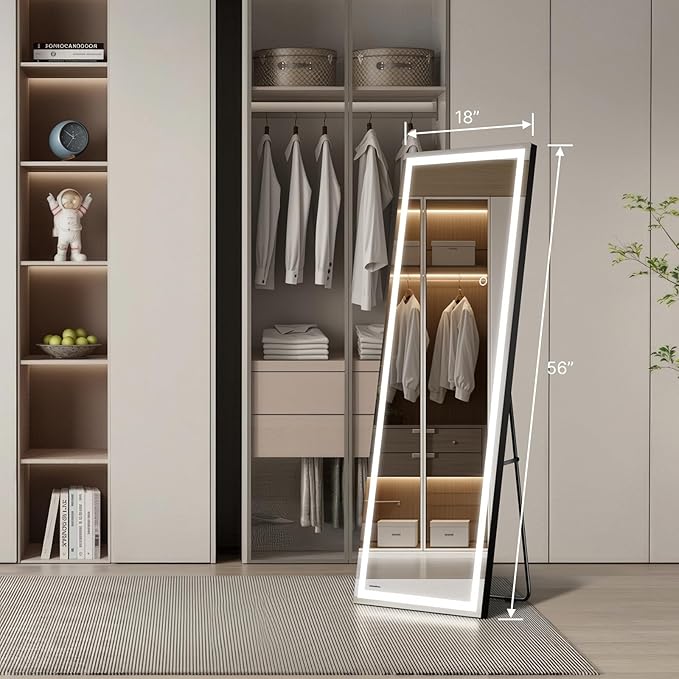 56"x18" Full Length LED Mirror with Lights, Dimmable Standing/Wall Mirror for Bedroom, Full Body Lighted Floor Mirror, Tempered Glass