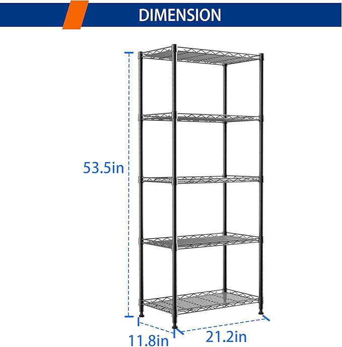 REGILLER 5-Wire Shelving Metal Storage Rack Adjustable Shelves,Standing Storage Shelf Units for Laundry Bathroom Kitchen Pantry Closet(Black,11.8" D x 21.2" W x 53.5" H)