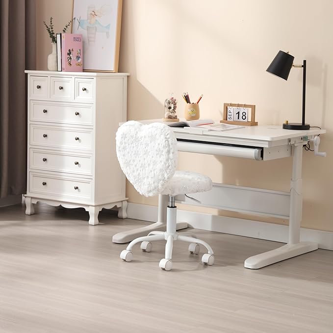 Kmax Kids Reading Chair, Rolling Cute Desk Chair for Girls Swivel Office Chair with Wheels & Heart Back Adjustable Childrens Vanity Chair for Bedroom Reading Room - Fur, Snowflake