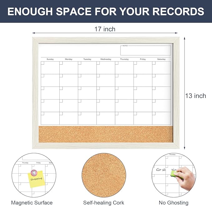 Calendar Whiteboard for Wall, TANKEE 17x13 Inches Whiteboard Calendar Cork Board Combo, Small Magnetic White Board with Wood Framed, Hanging Dry Erase Board for Kitchen Home Office School Planner