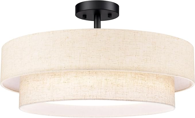 Hamilyeah 20 Inch Semi Flush Mount Round Ceiling Light Fixture, 48W LED With Fabric Shade, Dimmable Drum Double Layer 5CCT for Living Room, Office