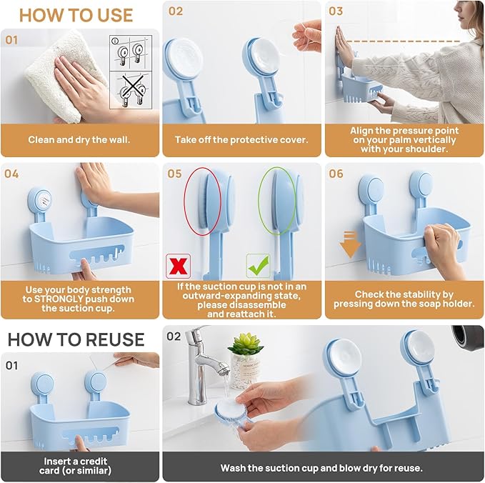 LEVERLOC Shower Caddy Suction Cup, Shower Organizer Removable Bathroom Shelf, Storage Suction Powerful Max Hold 22lbs Bathroom Caddy Waterproof Holder, Blue