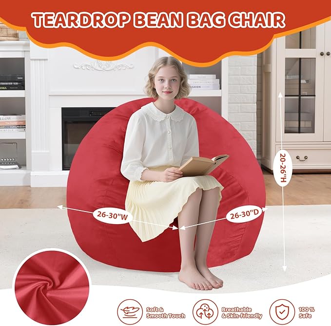 2FT Bean Bag Chair, Comfy Bean Bag Chairs with Memory Foam Filled, Fluffy Beanbag Sofa with Dutch Velvet Cover, Teardrop BeanBag Chairs for Living Room, Playroom - Red