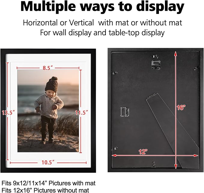 KINLINK 12x16 Picture Frame Black, Solid Wood Frames with Acrylic Plexiglass for Pictures 11x14/9x12 with Mat or 12x16 without Mat,Wall Display Photo Frame, Set of 4