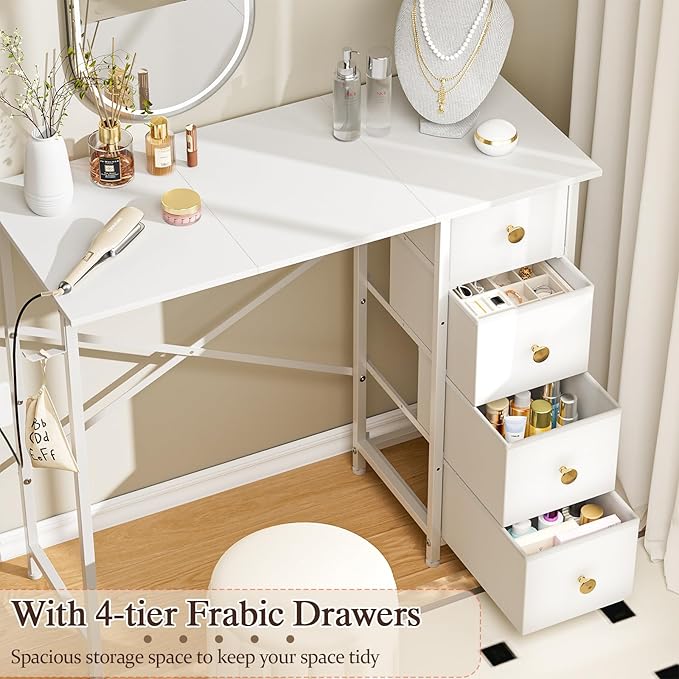 Vanity Desk No Mirror, Small Makeup Vanity with 4 Fabric Drawers, White Dressing Table for Small Spaces, 35.4 Inches Girls Makeup Table Bedroom