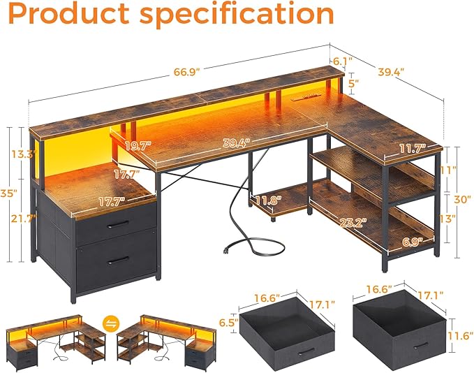 ODK L Shaped Desk with File Drawer, 66" Reversible L Shaped Computer Desk with Power Outlet & LED Strip, Office Desk with Storage Shelves, Gaming Desk with Monitor Shelf, Corner Desk, Vintage