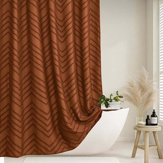 Extra Long Orange Boho Shower Curtain 84 inch Shower Curtain, Tufted Chevron Striped Modern Chic Textured Minimalist Bathroom Shower Curtain