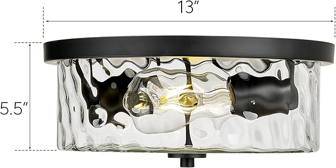 Modern Flush Mount Light, Farmhouse Close to Ceiling Lighting, Hammered Glass Light for Bedroom, Living Room, Kitchen Island (Black, 13" D)