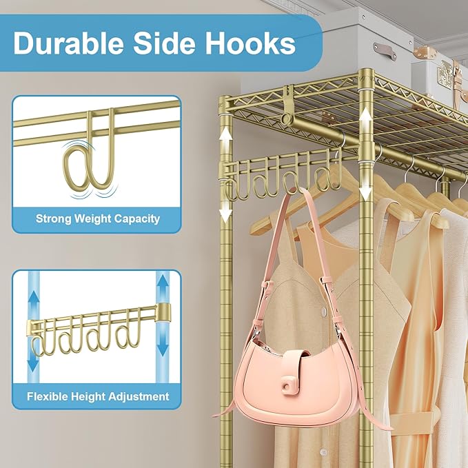 VIPEK R2 Plus Rolling Clothes Rack for Hanging Clothes Heavy Duty Garment Rack 3 Tiers Adjustable Wire Shelving Clothing Racks with Double Hanging Rods, Closet Organizers and Storage, Gold