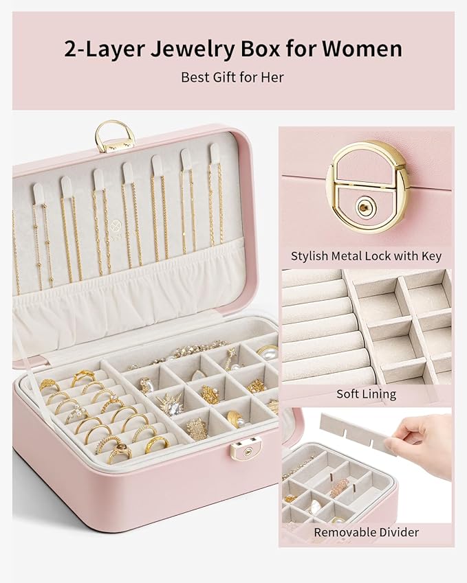 Vlando Jewelry Box Organizer for Women Girls, 2 Layer Jewelry Case with Lock,Jewelry Storage Earrings Necklace,Rings,Gift Box Packaging,Wedding Birthday Gifts-Pink