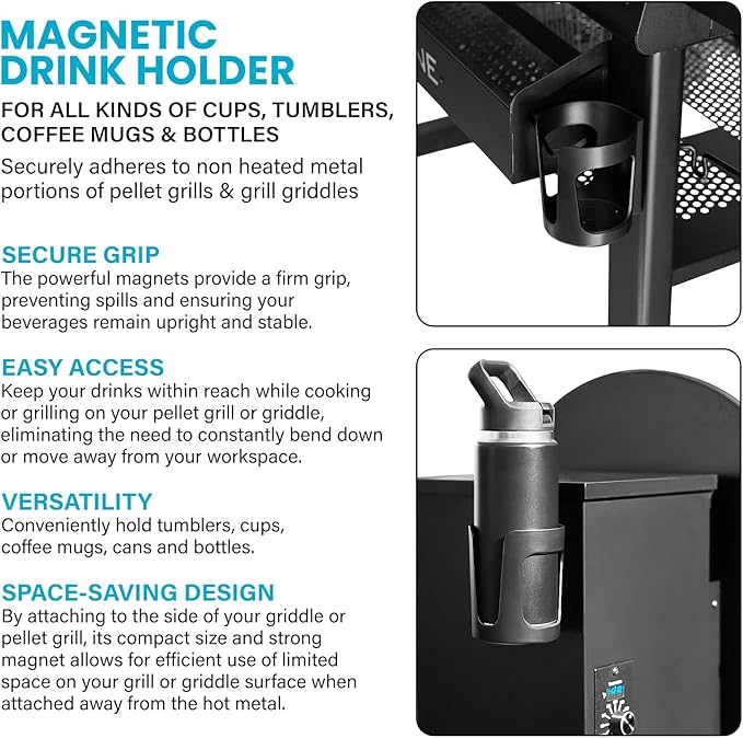 Magnetic Drink Holder Compatible with Traeger Grills and Blackstone Griddles -Will Hold All Kinds of Cups, Tumblers, Coffee Mugs and Bottles - Adheres to Non Heated Metal Portions of Grills