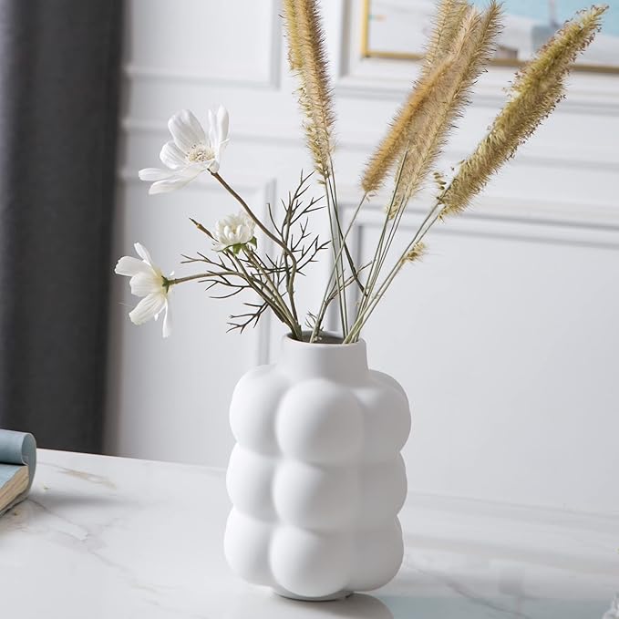 Ceramic Vase, Modern Dried Flower Vase, White Vase with Raised Dots, Boho Home Decor for Centerpiece Wedding Dinner Table Party Living Room Office Bedroom, Housewarming Gift