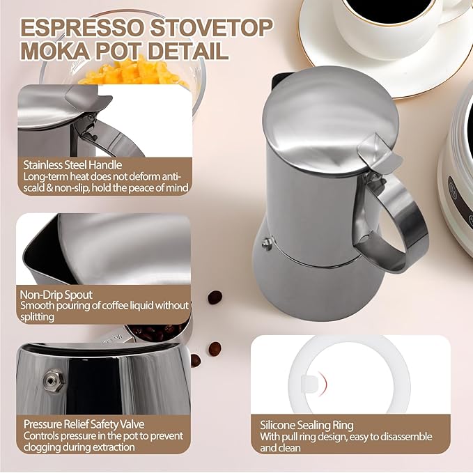 Uncoated 12 Cup Moka Pot 304 Thickened Stainless Steel Coffee Maker Stovetop Espresso Coffeemaker Italian Classic Style Brewing Greca Cafe Mocha Machine for Cafeteras Camping Travel Home 600ml 20oz