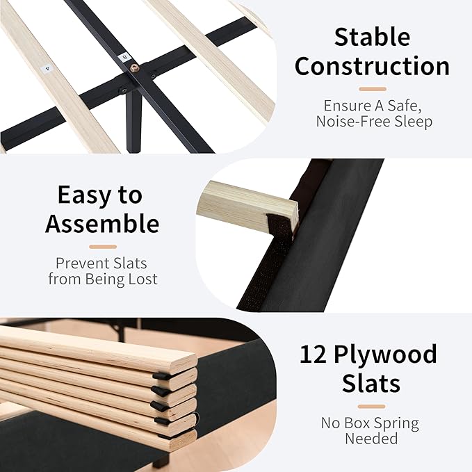 Twin Size Upholstered Platform Bed Frame with Modern Wingback & Vertical Panel Headboard, Linen Fabric, Wooden Legs & Slats Support, No Box Spring Needed, Noise-Free & Easy Assembly, Black