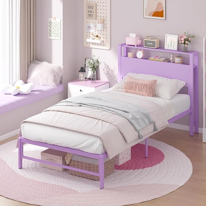 Weehom Twin Bed Frames for Kids with 2 Tiers Wood Storage Shelves Headboard, Twin Size Bed No Box Spring Needed Under Bed Storage Space Metal Platform for Girls and Adults, Purple