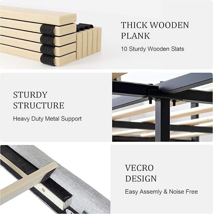 Full Size Platform Bed Frame with Upholstered Headboard, Wooden Slats Support, Noise Free, No Box Spring Needed, Easy Assembly, Light Grey, Linen