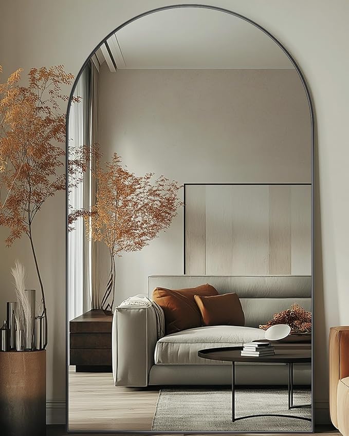 Full Length Mirror, 76"x44" Oversized Floor Mirror Freestanding, Full Body Mirror Floor Standing Mirrors with Stand, Hanging Mounted Mirrors for Bedroom Living Room, Black, Arched Style