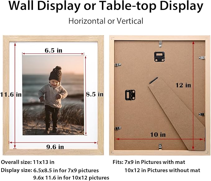 KINLINK 10x12 Picture Frame Natural, Solid Wood Frames with Acrylic Plexiglass for Pictures 7x9 with Mat or 10x12 without Mat, Tabletop and Wall Display Photo Frame, Set of 4