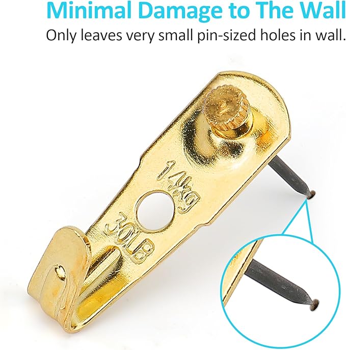 30 lb Picture Hangers (30 Set), Professional Hanging Hooks with Nails, Premium Drywall & Wooden Wall Picture Hangers