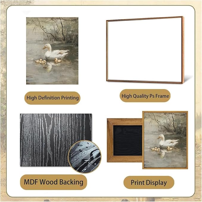 Djmwtb Vintage Framed Wall Art Duck Canvas Wall Art Prints Rustic Farmhouse Painting Nature Pictures Artwork for Living Room Bedroom Bathroom Office 12x16in