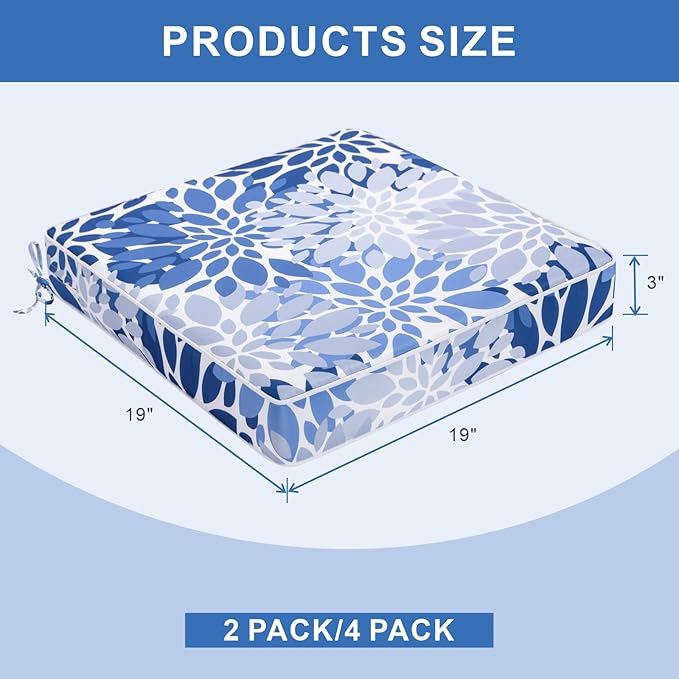 Outdoor Chair Cushions 19 x 19 Inch Set of 2 Water Resistant Seat Cushions with Ties, Outdoor Cushions for Patio Furniture with 3-Year Fade Resistant