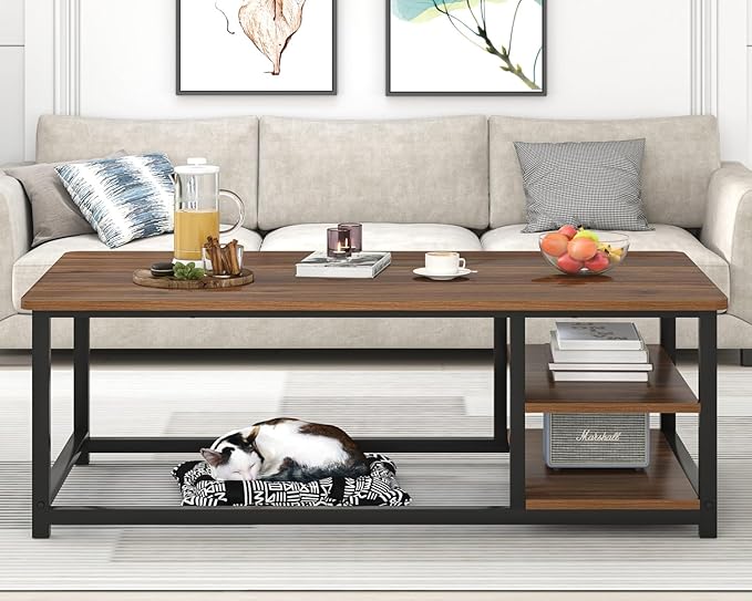 EXCEFUR Modern Coffee Table, Rustic Wood and Metal Center Table for Living Room, Industrial Rectangle Cocktail Tea Table with Storage Shelf, Walnut, 47 Inch