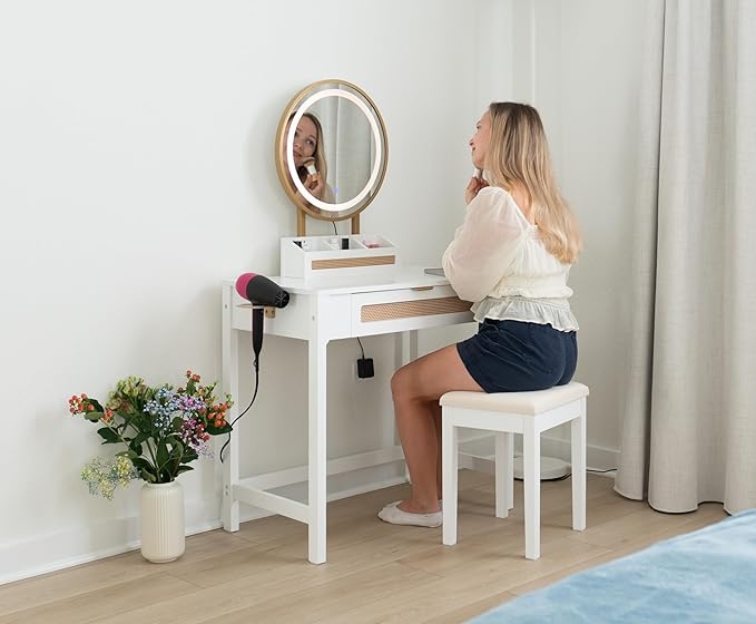 Spirich Makeup Vanity Desk with Mirror and Lights, Rattan White Vanity with Drawers, 3 Lighting Modes Small Vanity Dressing Table for Bedroom