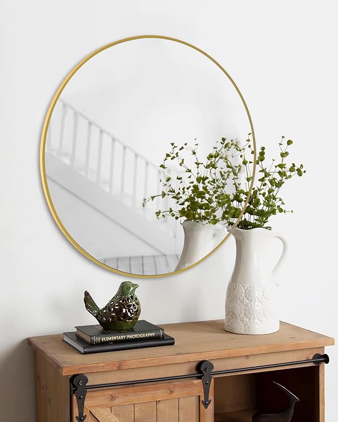 Gold Round Mirror,Bathroom 30 Inch Vanity Wall Mirror,Modern Circle Mirror for Wall,Wood Mirror for Bedroom Living Room Entryway