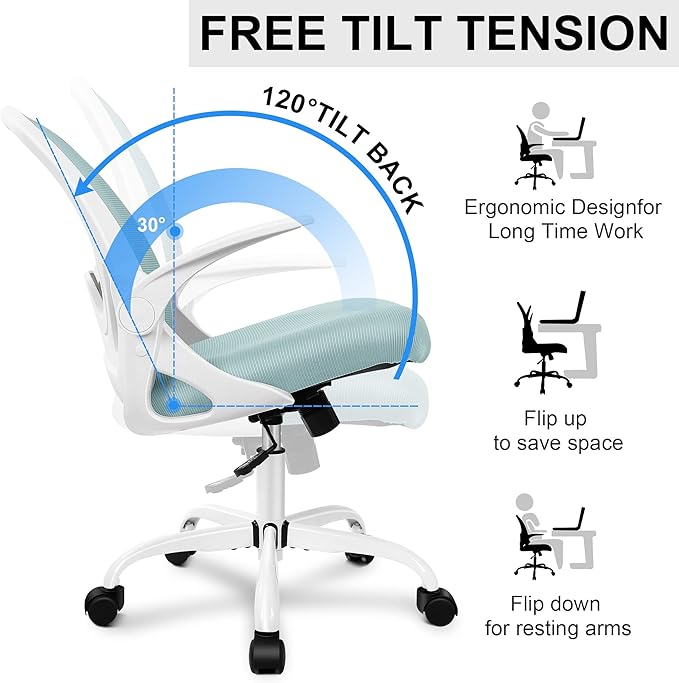 Primy Office Chair Ergonomic Desk Chair with Adjustable Lumbar Support and Height, Swivel Breathable Desk Mesh Computer Chair with Flip up Armrests for Conference Room（Light Blue）