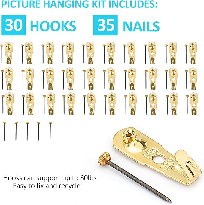 30 lb Picture Hangers (30 Set), Professional Hanging Hooks with Nails, Premium Drywall & Wooden Wall Picture Hangers